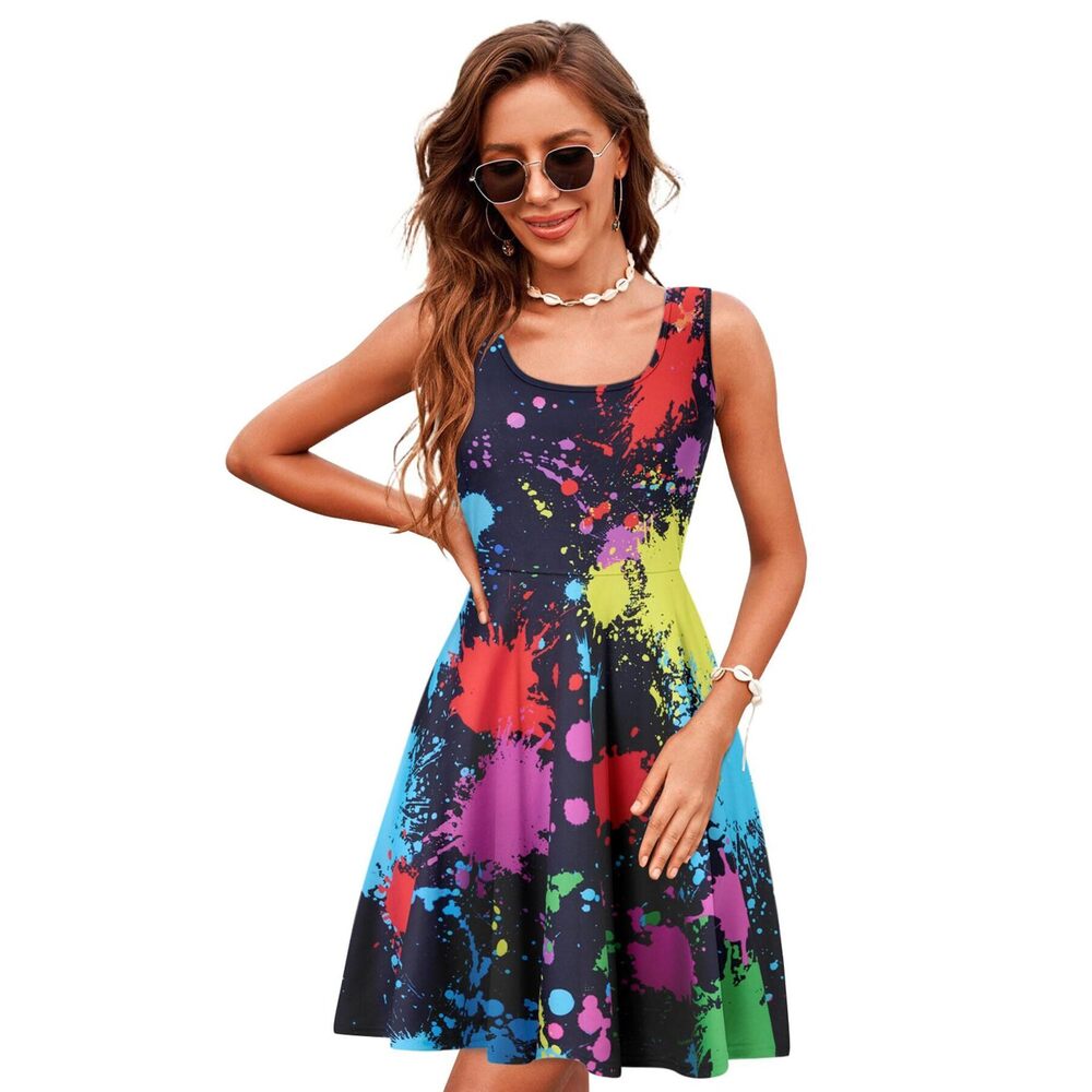 7358 Painting Dress Summer Casual Midi Tank Dress Pleated Sling Beach Ink